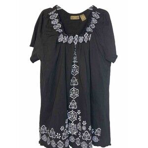 Jane Ashley Womens Medium Top Black White Embroidered Peasant Shirt Blouse 1X